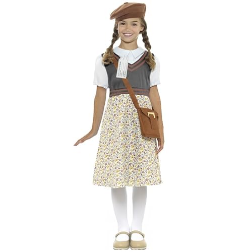 My Illusions Evacuee Mädchenkostüm mit Kleid, Tasche, Namensschild und Hut, 1940er Jahre, 2. Weltkrieg, Kinderkostüm (groß, 10–12 Jahre) von My Illusions