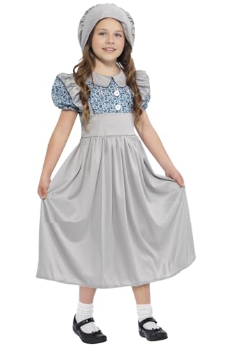 My Illusions Viktorianisches Mädchenkostüm mit Kleid und Hut, arme Mädchen, Dienstmädchen-Kostüm, Kinderkostüm (Größe M, 7–9 Jahre) von My Illusions