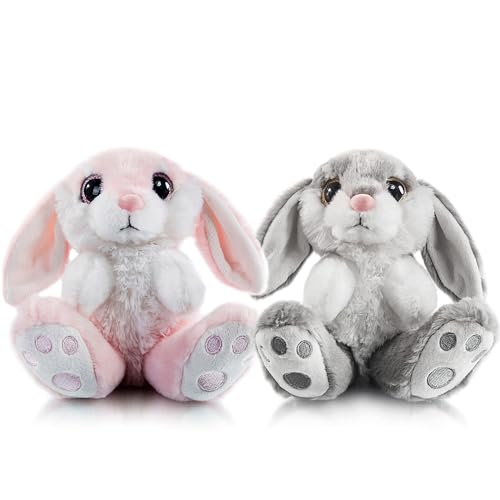 My OLi Kuscheltiere Osterhase 2 Stück Plüsch Hase 18cm Floppy Ohren Sitting Stofftier Hase Ostergeschenke für Kinder Babys Jungen Mädchen, Grau & Rosa Farbe von My OLi