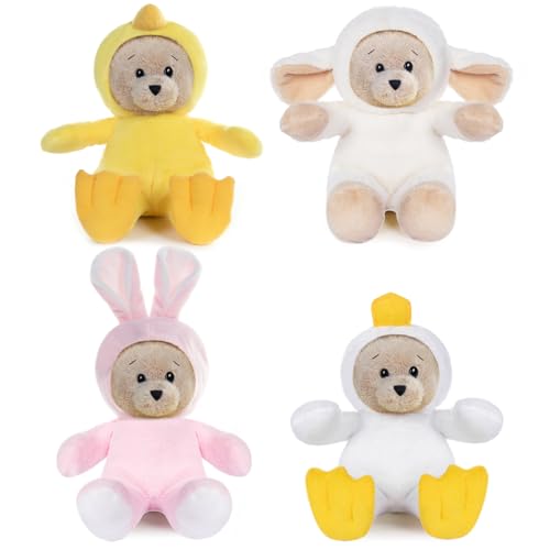 My OLi Plüschbären Set mit 4 Stück 18 cm große Teddybären in Kostümen inklusive Hase Huhn Ente und Schaf mit Wendebärchen Hüten Ostergeschenke von My OLi