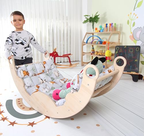 My Photostation.com Kletterbogen und Kissen, Montessori-Wippbogen mit Kissen, Holz-Kletterbogen, Indoor-Spielplatz, Bogenkissen, kleiner Bogen + niedliches Tierkopf-Kissen, (L x B x H): 80 x 54 x 43 von My Photostation.com