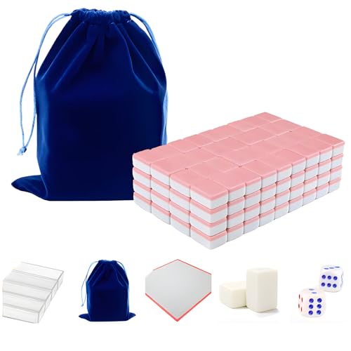 MyAhaa 24 mm Mahjong Set chinesisches Mahjong -Spiel Set, 146 Mini Traditionelles Chinesisches Mah Jong für Reise mit Aufbewahrungstasche, Tischtuch, Kartenlineale und Würfel (Rosa) von MyAhaa