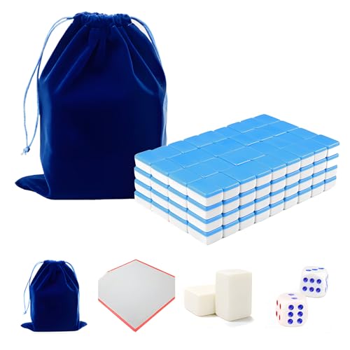 MyAhaa 24 mm Mahjong Set chinesisches Mahjong -Spiel Set, Mini Traditionelles Chinesisches Mah Jong für Reise mit Aufbewahrungstasche, Tischtuch, und Würfel (Blau) von MyAhaa