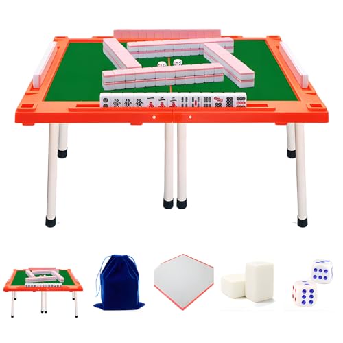 MyAhaa Mahjong Set 22mm Reise Mahjong Set Tragbarer, Chinesisches Strategiespiel Klassische Brettspiele mit Aufbewahrungstasche, Tischtuch Würfel und Tisch (Rosa mit Tisch) von MyAhaa