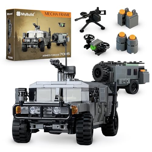 MyBuild 7005 Armed Forces Humvee mit Anhänger – Militär Fahrzeug aus Klemmbausteinen in dunkelgrau; Spielzeug-HMMWV der Stryker Kollektion ab 14 Jahren; Kompatibel mit Allen großen Marken von MyBuild