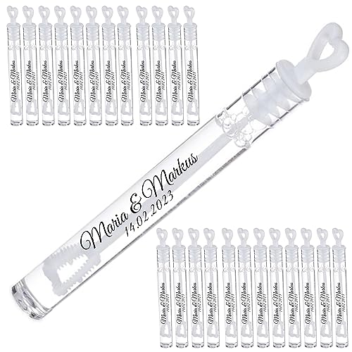 Personalisierte Seifenblasen Hochzeitsgastgeschenke Set in weiß - mit Herzgriff - Wedding Bubbles für Hochzeit, Geburtstag, Verlobung (Name + Datum) von MyPrezzie