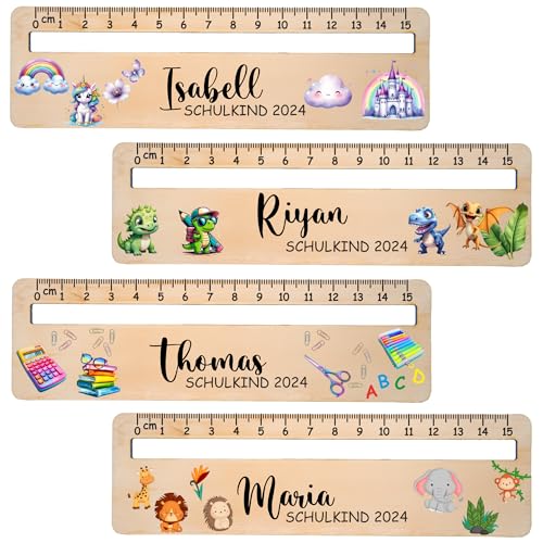 Personalisiertes Lesehilfe mit Lineal aus Holz - 15 cm Lineal mit Namen & süßen Motiven wie Dino, Bär - Geschenk zur Einschulung 2024 für Jungen & Mädchen - Schultüten-Füllung, Schulanfang (Farbig) von MyPrezzie