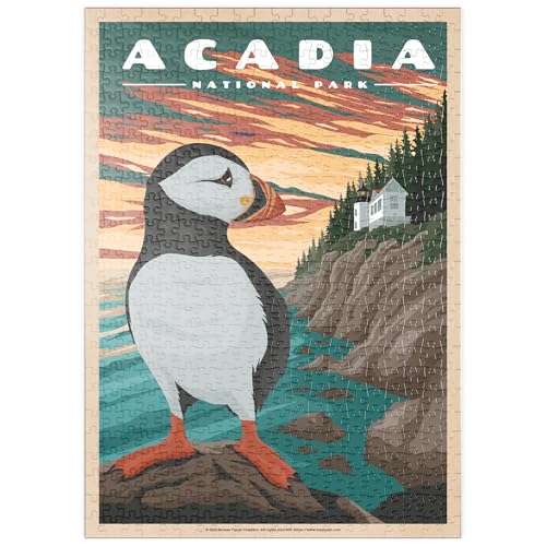 MyPuzzle Acadia National Park - Bass Harbor Puffins, Vintage Travel Poster - Premium 500 Teile Puzzle - MyPuzzle Sonderkollektion von Havana Puzzle Company von MyPuzzle.com