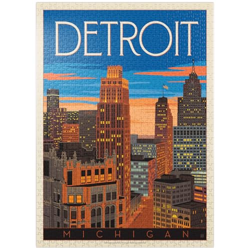 Detroit, MI: Skyline, Vintage-Poster - Premium 1000 Teile Puzzle für Erwachsene von MyPuzzle.com