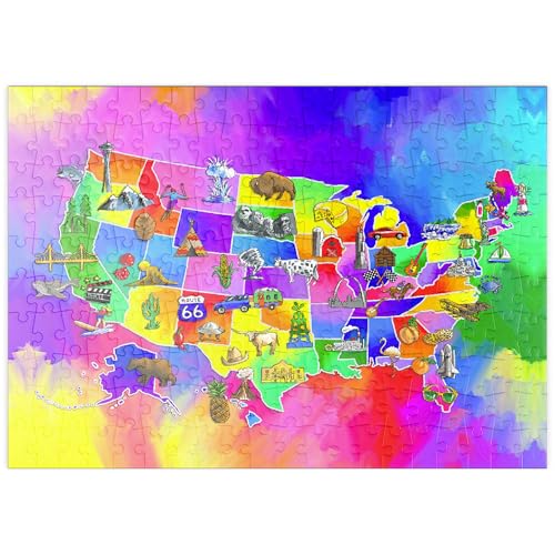 MyPuzzle Bunte USA-Karte – Sehenswürdigkeiten & Symbole der Bundesstaaten - Premium 200 Teile Puzzle - MyPuzzle Sonderkollektion von Puzzle Galaxy von MyPuzzle.com