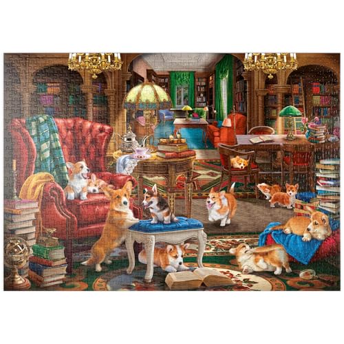 MyPuzzle Corgi-Chaos in der Bibliothek - Premium 1000 Teile Puzzle - MyPuzzle Sonderkollektion von Puzzle Galaxy von MyPuzzle.com