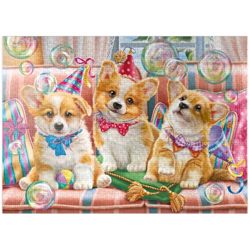 MyPuzzle Corgi Welpen auf Geburtstagsparty - Premium 1000 Teile Puzzle für Erwachsene von MyPuzzle.com