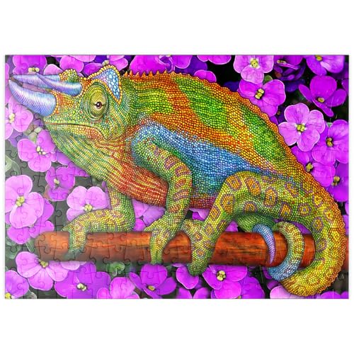 MyPuzzle Farbenprächtiges Chamäleon auf Blüten im Mosaik-Stil - Premium 200 Teile Puzzle - MyPuzzle Sonderkollektion von Puzzle Galaxy von MyPuzzle.com