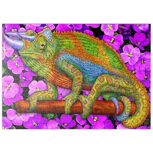 MyPuzzle Farbenprächtiges Chamäleon auf Blüten im Mosaik-Stil - Premium 500 Teile Puzzle - MyPuzzle Sonderkollektion von Puzzle Galaxy von MyPuzzle.com