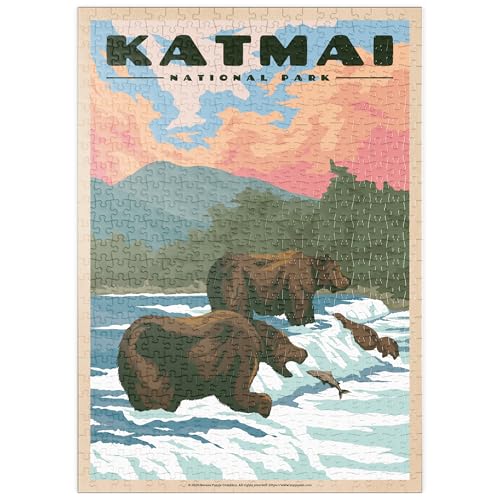 MyPuzzle Katmai National Park - Fishing Bears at Brooks Falls, Vintage Travel Poster - Premium 500 Teile Puzzle - MyPuzzle Sonderkollektion von Havana Puzzle Company von MyPuzzle.com