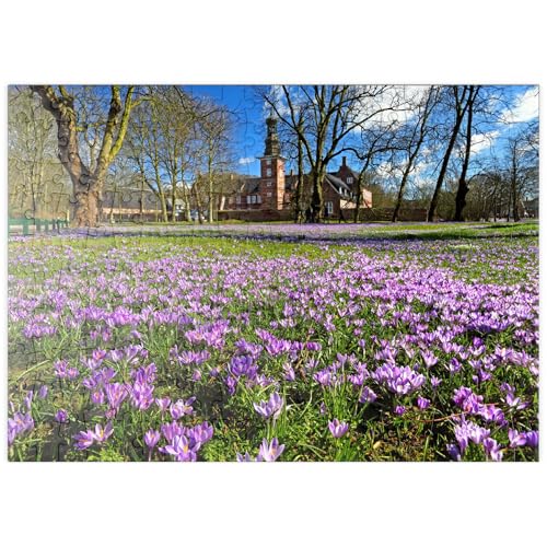 MyPuzzle Krokusblüte im Schlosspark mit dem Schloss vor Husum - Premium 200 Teile Puzzle - MyPuzzle Sonderkollektion von Puzzle Galaxy von MyPuzzle.com