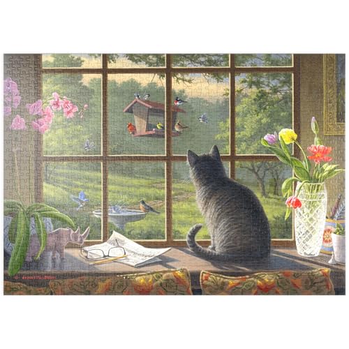 MyPuzzle Neugierige Katze und Gartenvögel - Premium 1000 Teile Puzzle - MyPuzzle Sonderkollektion von Puzzle Galaxy von MyPuzzle.com