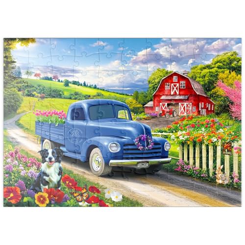 MyPuzzle Nostalgischer Blauer Blumen-Lieferwagen auf dem Land - Premium 100 Teile Puzzle - MyPuzzle Sonderkollektion von Puzzle Galaxy von MyPuzzle.com