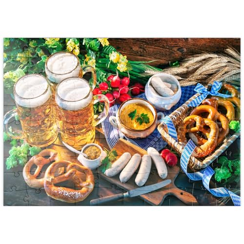 MyPuzzle Oktoberfest-Menü, Bayerische Würstchen mit Brezeln, süßem Senf und Bierkrügen - Premium 100 Teile Puzzle - MyPuzzle Sonderkollektion von Puzzle Galaxy von MyPuzzle.com