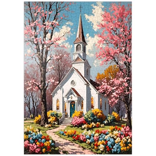 MyPuzzle Romantische Landkirche im Frühling – Blühende Gartenidylle - Premium 1000 Teile Puzzle - MyPuzzle Sonderkollektion von Puzzle Galaxy von MyPuzzle.com