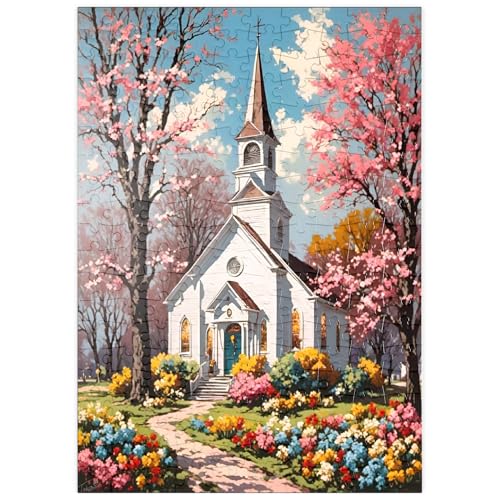 MyPuzzle Romantische Landkirche im Frühling – Blühende Gartenidylle - Premium 200 Teile Puzzle - MyPuzzle Sonderkollektion von Puzzle Galaxy von MyPuzzle.com