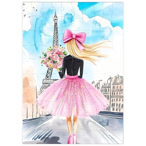 MyPuzzle Romantische Paris-Illustration – Frau mit Blumenstrauß vor Eiffelturm - Premium 100 Teile Puzzle - MyPuzzle Sonderkollektion von Puzzle Galaxy von MyPuzzle.com