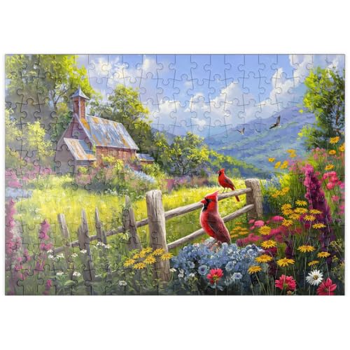 MyPuzzle Rote Kardinäle auf Blumenwiese – Ländliche Idylle - Premium 200 Teile Puzzle - MyPuzzle Sonderkollektion von Puzzle Galaxy von MyPuzzle.com