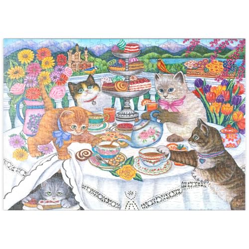 MyPuzzle Verspielte Katzen-Teeparty – Farbenfrohe Illustration mit Schlosskulisse - Premium 500 Teile Puzzle - MyPuzzle Sonderkollektion von Puzzle Galaxy von MyPuzzle.com