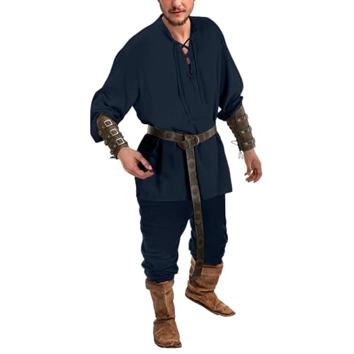 Mymyguoe Herren Mittelalter Kostüm Set 2 Stück Herren Renaissance Kostüm Set Wikinger Vintage Mittelalterliches Piratenhemd + Mittelalter Hose Zweiteiler Viktorian Viking Kostüm Für Karneval Cosplay von Mymyguoe