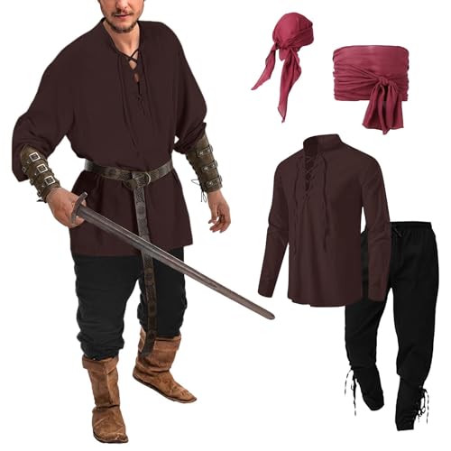 Mymyguoe Herren Mittelalter Kostüm Set 4 Stück Herren Renaissance Kostüm Mitteralter Piratenhemd+Piratenhose Mit 2 Piraten Kopftuch Set Viktorian Viking Vintage Kostüm Für Karneval Halloween Cosplay von Mymyguoe