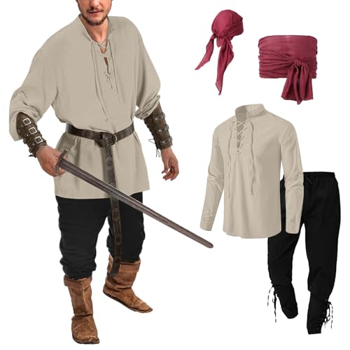 Mymyguoe Herren Mittelalter Kostüm Set 4 Stück Herren Renaissance Kostüm Mitteralter Piratenhemd+Piratenhose Mit 2 Piraten Kopftuch Set Viktorian Viking Vintage Kostüm Für Karneval Halloween Cosplay von Mymyguoe