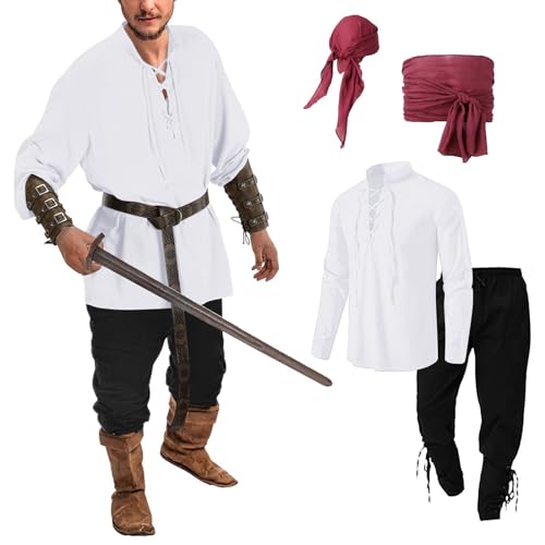 Mymyguoe Herren Mittelalter Kostüm Set 4 Stück Herren Renaissance Kostüm Mitteralter Piratenhemd+Piratenhose Mit 2 Piraten Kopftuch Set Viktorian Viking Vintage Kostüm Für Karneval Halloween Cosplay von Mymyguoe