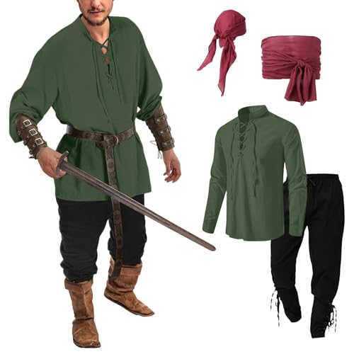 Mymyguoe Herren Mittelalter Kostüm Set 4 Stück Herren Renaissance Kostüm Mitteralter Piratenhemd+Piratenhose Mit 2 Piraten Kopftuch Set Viktorian Viking Vintage Kostüm Für Karneval Halloween Cosplay von Mymyguoe