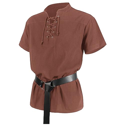 Mymyguoe Herren Mittelalter Kostüm Vintage Gothic Steampunk Apparel Renaissance Kurzarm Piratenhemd Viktorianisch Retro Schnürung Hemd Wikinger Ritter Apparel Faschingskostüme Für Halloween Cosplay von Mymyguoe