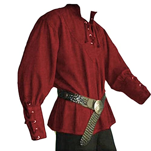 Mymyguoe Herren Mittelalter Kostüm mit Schnürung Langarm Stehkragen Schnürhemd Renaissance Viktorian Viking Kostüm Gothic Viktorianisch Halloween Kostüm von Mymyguoe