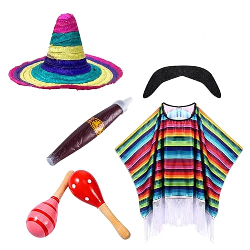 Mymyguoe Mexikanisches Kostüm-Set 6 Stück Mexikaner Kostüm Set Herren Poncho Mit Fransen Cowboy Hut Westernhut Mit Breiter Krempe Selbstklebender Schnurrbart Für Männer Mexiko Karneval Mottoparty von Mymyguoe