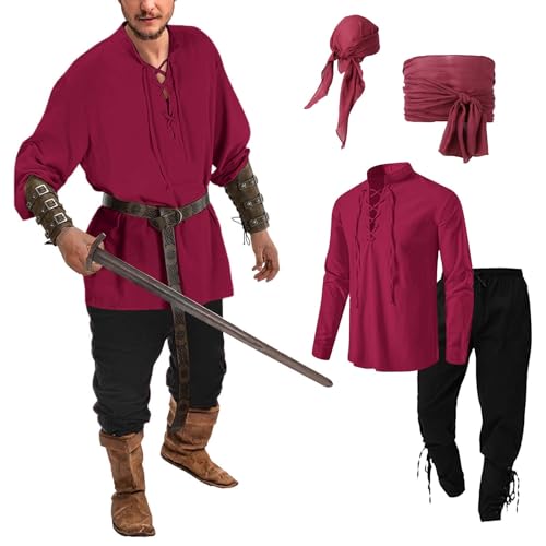 Mymyguoe Mittelalter Kleidung Herren Renaissance Kostüm 4 Stück Set Piratenkostüm Piratenhemd Wikinger Hose Mit 2 Piraten Kopftuch Vintage Viking Cosplay Sets Schnürhemd Halloween Karneval Kostüm von Mymyguoe