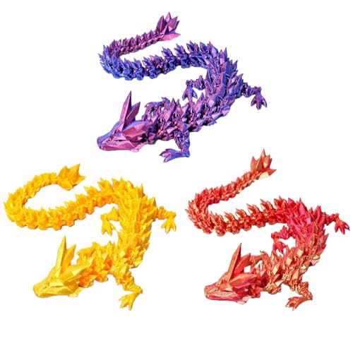 Myqiqi 3D gedruckte Drachen Set (12in, 3 Stücke) 3D gedruckte Tiere Drachen Flexible gelenkte Drachen Fidget Spielzeug für Autismus/ADHD und Home Desk Decor (lila, rot, Gold) von Myqiqi