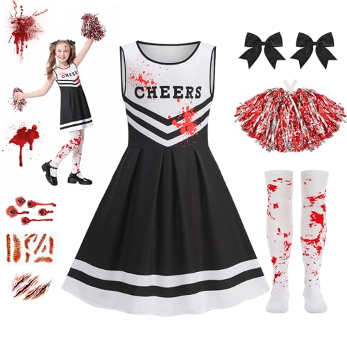 Halloween Kostüm Kinder, Zombie Cheerleader Kostüm, Monster High Faschingskostüme mit Strümpfen Pom Poms Tattoos, 9 PCS Halloween Cheerleader Horror Braut Kostüm für 10-12 Jahre Teenager Mädchen Halloween Kostüm Kinder, Zombie Cheerleader Kostüm, Monster High Faschingskostüme mit Strümpfen Pom Poms Tattoos, 9 PCS Halloween Cheerleader Horror Braut Kostüm für 10-12 Jahre Teenager Mädchen von Mystery Code