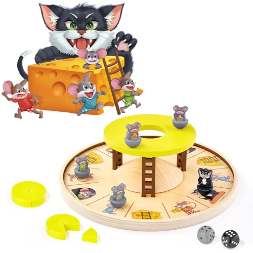 Katze und Maus Kinderspiel, Mäuseschreck Brettspiel Holz Spielzeug ab 3 Jahre, Familienspiele Würfelspiel für 2-5 Spieler, Kinder Spiel ab 4 5 6 Jahre von Mystooy