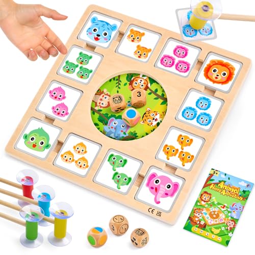 Montessori Spiel Brettspiel aus Holz, Action Spiel Kinder mit 96 Tierkarten 3 Würfel und 4 Saugnapfstäbe, Gesellschaftsspiele ab 4 5 6 Jahre, 2-4 Spieler Würfelspiel für Kinder und Erwachsene von Mystooy
