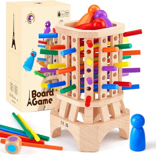 Montessori Spiel Brettspiel aus Holz, Eiffelturm Würfelspiel mit Stäben und Würfel, Spielzeug ab 3 4 5 6 Jahren Jungen Mädchen, Kinder Feinmotorik Spiele Familienspiel Gesellschaftsspiel für 3-8 von Mystooy