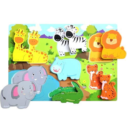 Mystooy Baby Puzzle ab 1 2 3 Jahre, Safari Tiere Holzpuzzle ab 1 2 3 Jahre, Montessori Spielzeug Steckpuzzle Holz ab 2 3 Jahre Lernspielzeug Geschenk für Mädchen Junge, Wooden Animal Puzzle von Mystooy