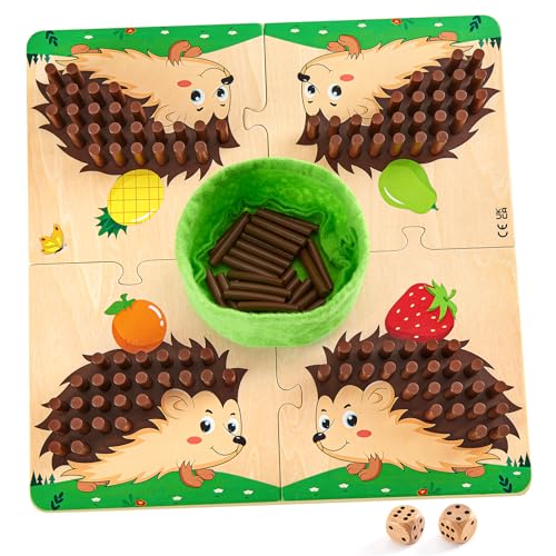 Mystooy Igel Spiel Brettspiel aus Holz, 100 Holzstäbchen Steckspiel mit Würfeln, Mathe Feinmotorik Spiel & Zählspielzeug Montessori Spiele ab 3 4 5 Jahren, Würfelspiel Reisespiel für Kinder von Mystooy