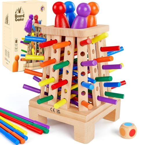 Mystooy Montessori Spiele Brettspiel aus Holz, Pyramide Holzstäbchen Würfelspiel Spielzeug ab 3 4 5 6 Jahre, Feinmotorik Lernspielzeug Kinderspiele Familienspiel Reisespiel für 1 bis 4 Spieler von Mystooy