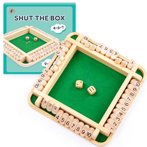 Mystooy Shut The Box Spiel, 2-4 Spieler Würfelspiel aus Holz Brettspiel ab 3 4 5 6 + Jahre Mathematik Lernspielzeug für Kinder, Würfelspiel Erwachsene für Zuhause Party Oder Bar von Mystooy