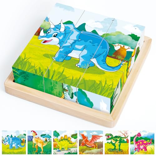 Würfelpuzzle Holzpuzzle ab 2 Jahre, Montessori Bilderwürfel Dino Holzspielzeug, Kinder Greifpuzzle Motorikspielzeug, Puzzlespiele Vorschule Lernspielzeug Geschenk für Jungen Mädchen ab 2 3 4 Jahren von Mystooy