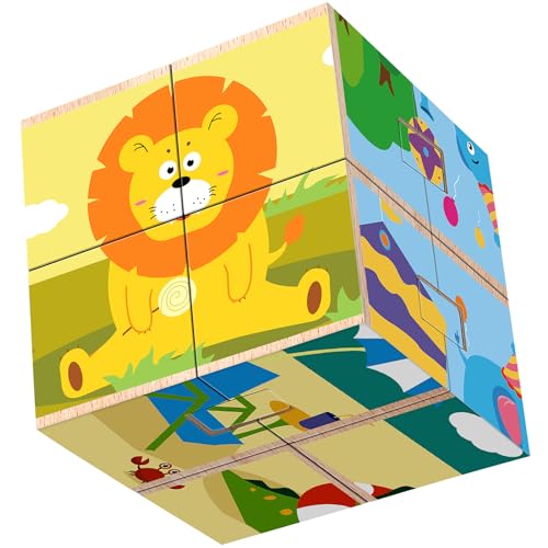 Würfelpuzzle Holz, 3D Bilderwürfel Puzzle Spiele für Kinder, Holzpuzzle ab 3 4 5 6 Jahre, Drehen Tierpuzzle Montessori Spielzeug, Lernspielzeug Holzspielzeug für Jungen und Mädchen Geschenk von Mystooy