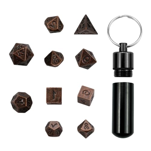 MytaYt 7Pcs DND Metall Würfel Set Würfelset Mini Dice Set Polyedrische Würfel mit Würfel Fall und Schlüsselanhänger für MTG RPG D&D D4 D6, D8, D%, D10, D12, D20-Antike Kupferfarbe von MytaYt