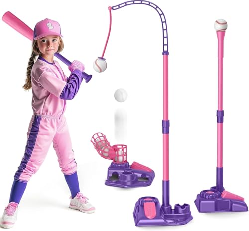 Rosa 3-in-1-Baseball-Tee-Ball-Set für Kinder, Pitching Machine/verstellbares Batting Tee/einziehbarer Baseballschläger, T-Ball-Ständeranzug für draußen, Sportspielzeug-Geschenke für Jungen Mädchen 3+ von Mytrix